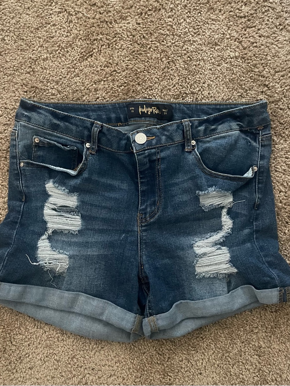 Indigo Rein Blue Distressed Rolled Hem Jean Shorts Size 15
